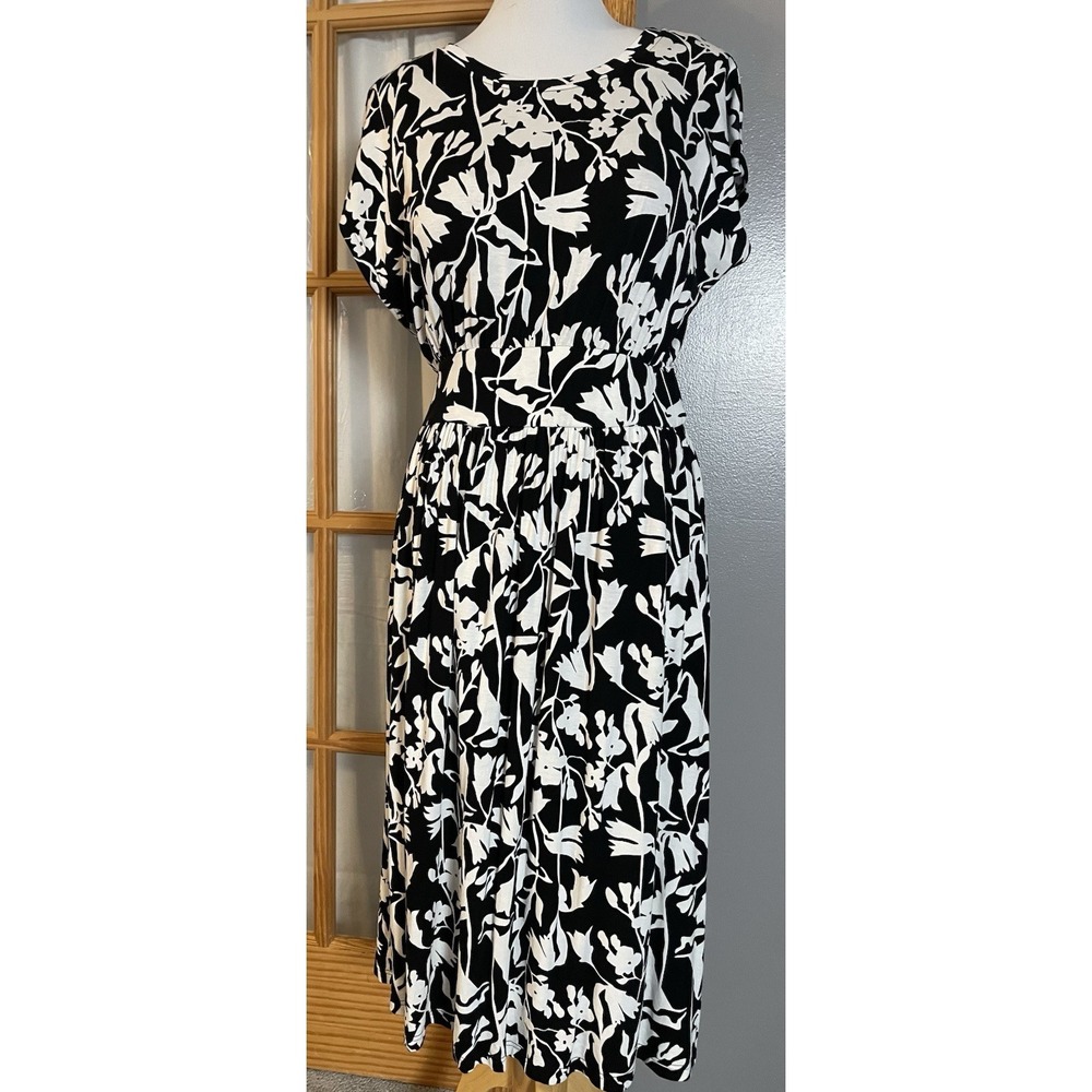 Serra Floral Midi Dress Sz L Black White Padded Bust Stretch Boho Career Party